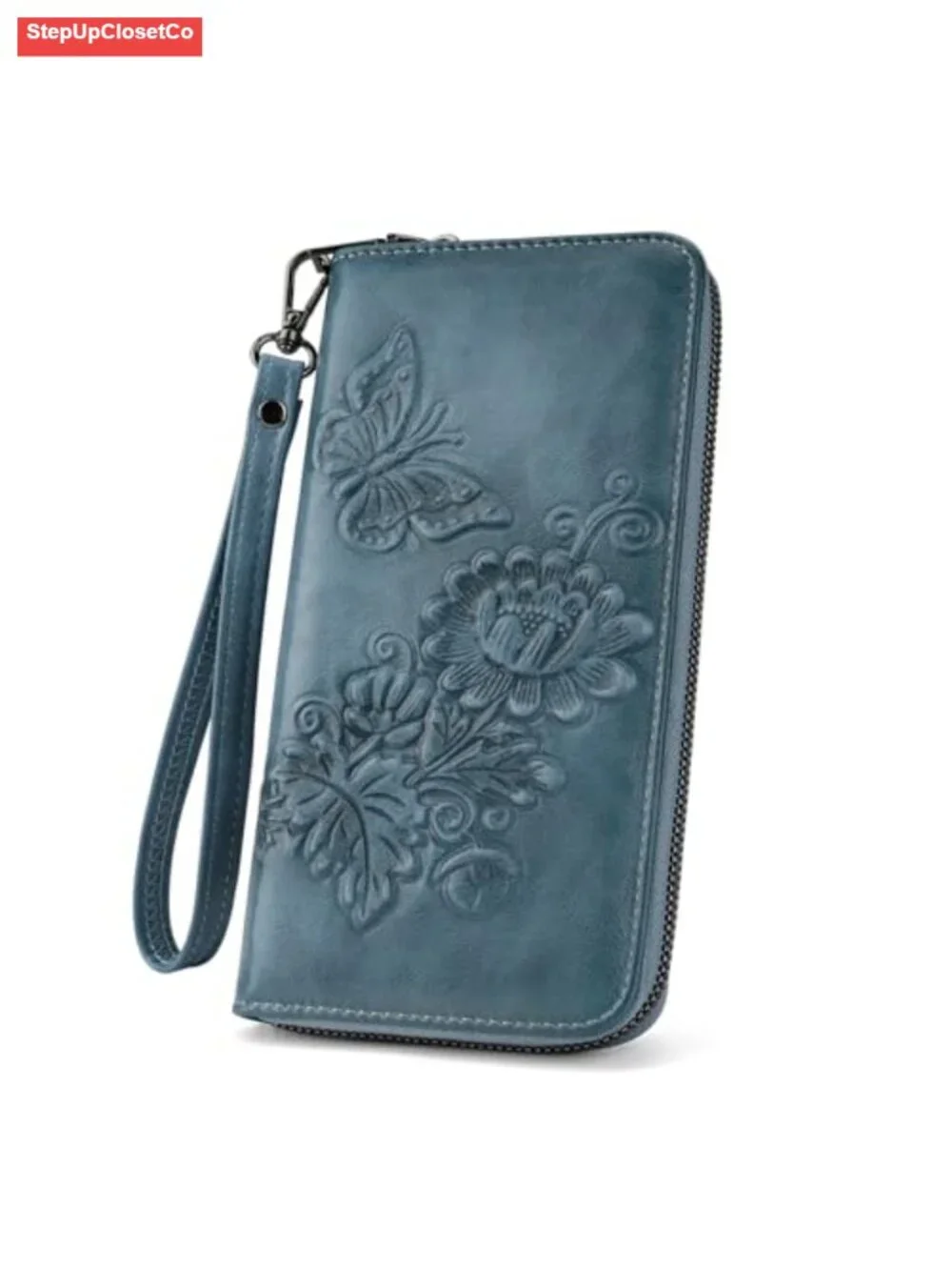 Vegan Faux Leather RFID Wristlet Wallet - Large Capacity Floral Embossed Clutch